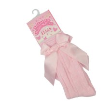 S141-P-06: Pink Knee Length Socks w/Bow (0-6 Months)